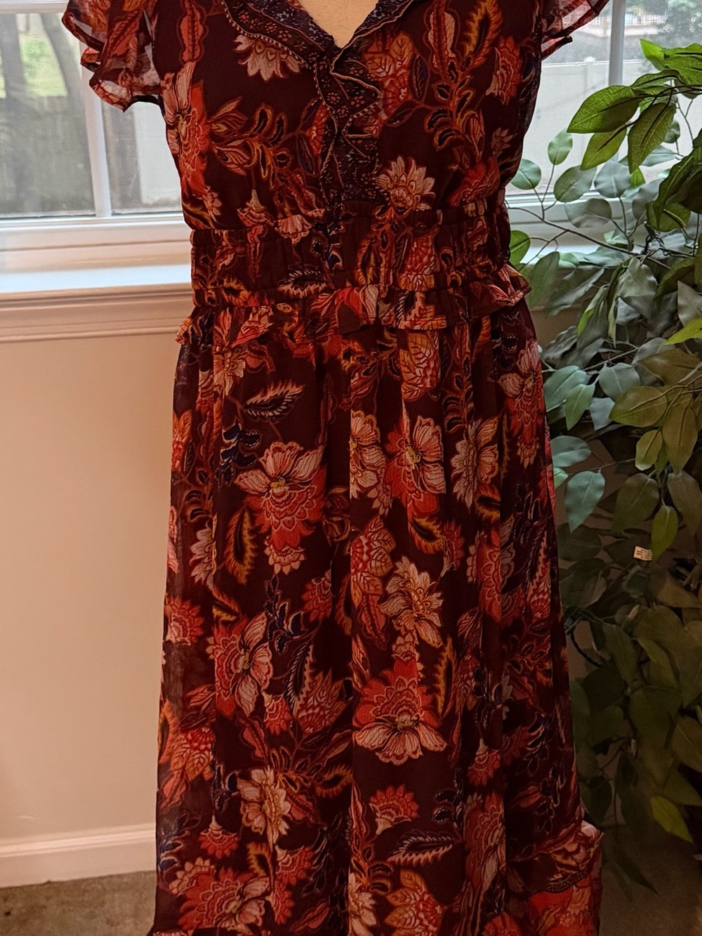 Old Navy Burgundy Floral Midi Dress with Ruffle Details